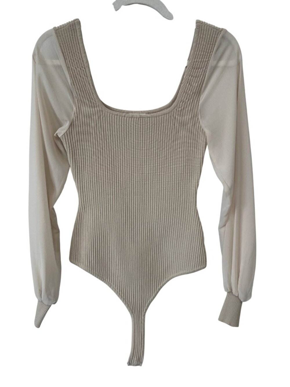 Urban Daizy Bodysuit XS Ribbed Knit One Piece Sheer Long Sleeve Beige Minimal